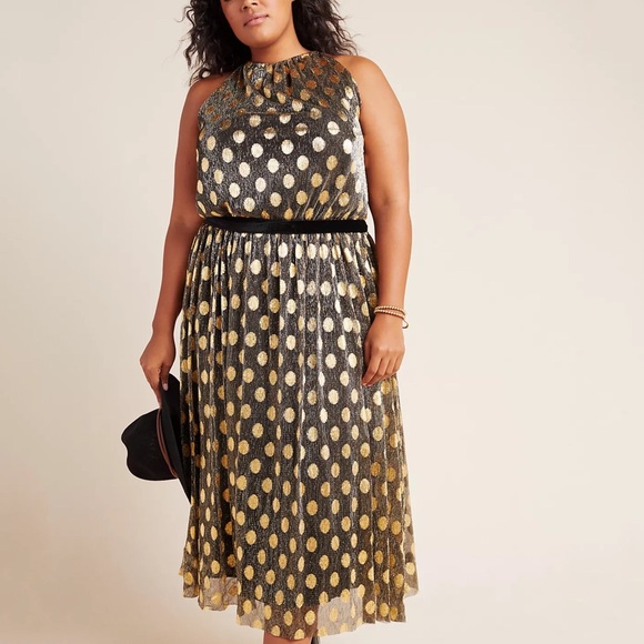 Anthropologie Metallic Polka Dot Halter Midi Dress - Picture 9 of 11
